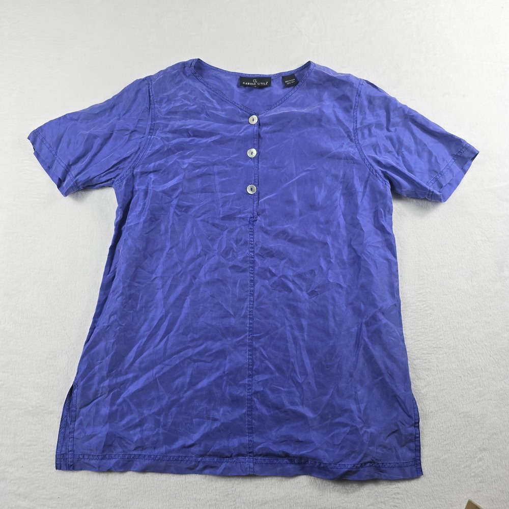 Carole Little Vintage 100% Silk Shirt Blue 3 Button Womens Size 12 Short Sleeve